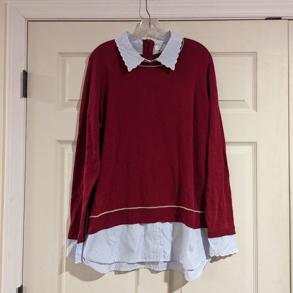 crown & ivy Tops - Crown & Ivy Burgundy White Blue Striped Layer Top 1X
